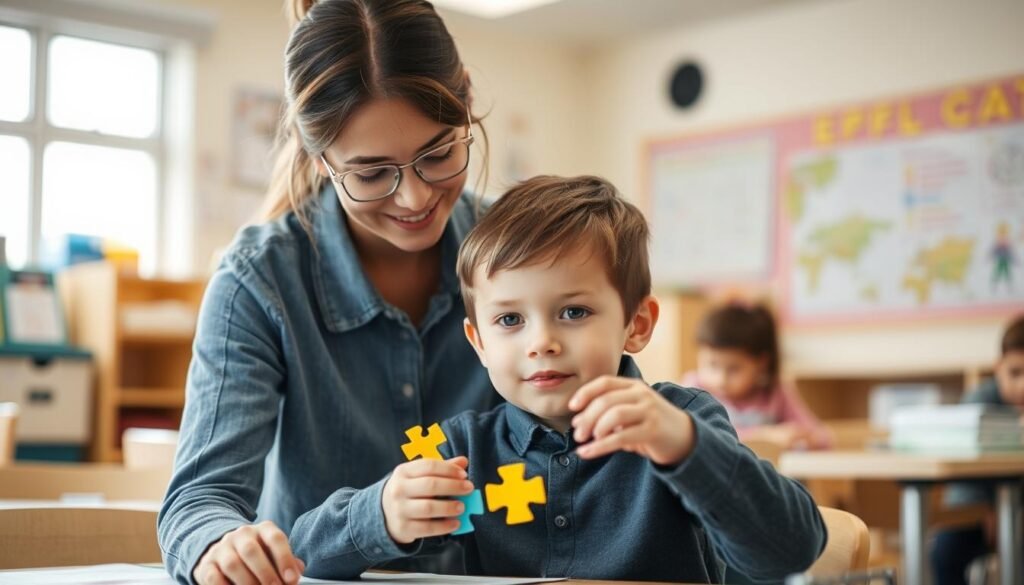Dziecko z autyzmem podczas zajęć edukacyjnych z nauczycielem wspomagającym w klasie Dziecko z autyzmem podczas zajęć edukacyjnych z nauczycielem wspomagającym w klasie