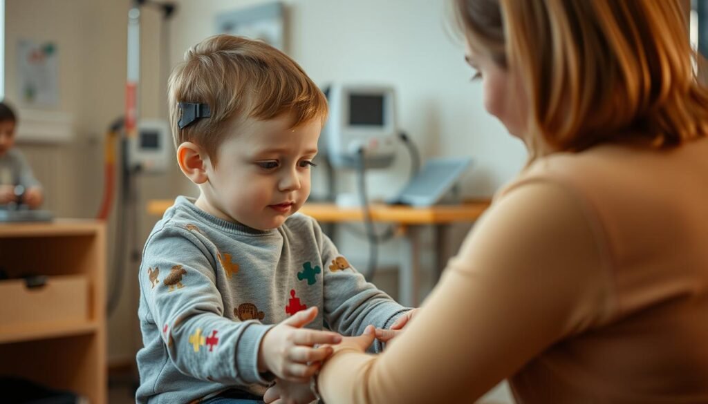 Dziecko z autyzmem podczas zajęć rehabilitacyjnych z terapeutą Dziecko z autyzmem podczas zajęć rehabilitacyjnych z terapeutą