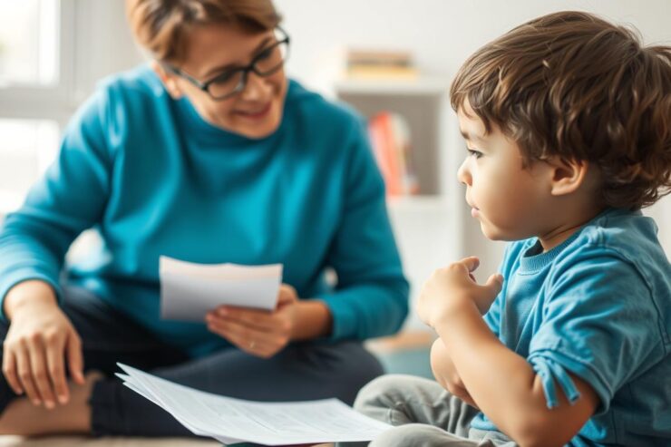 Dziecko z autyzmem podczas zajęć terapeutycznych, obok widoczne dokumenty dotyczące wsparcia finansowego