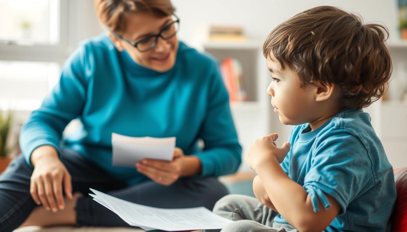 Dziecko z autyzmem podczas zajęć terapeutycznych, obok widoczne dokumenty dotyczące wsparcia finansowego