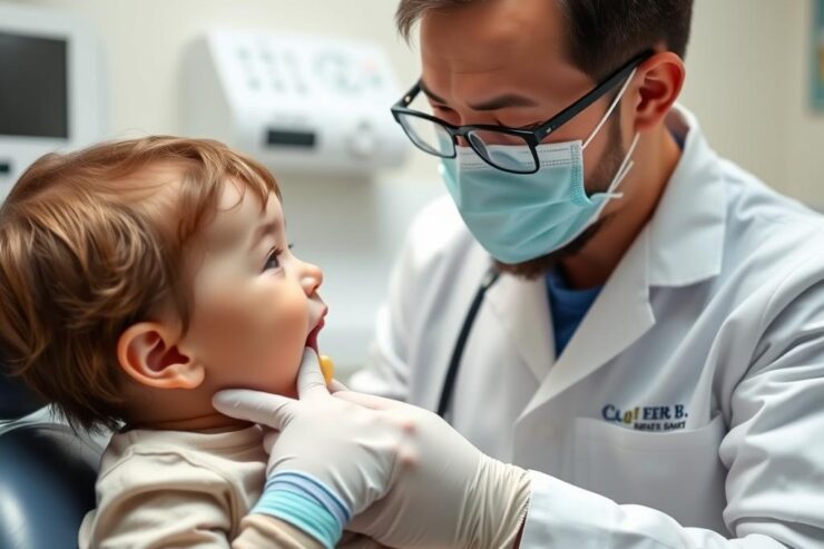 Dziecko z ortodontą badającym wpływ smoczka na zgryz