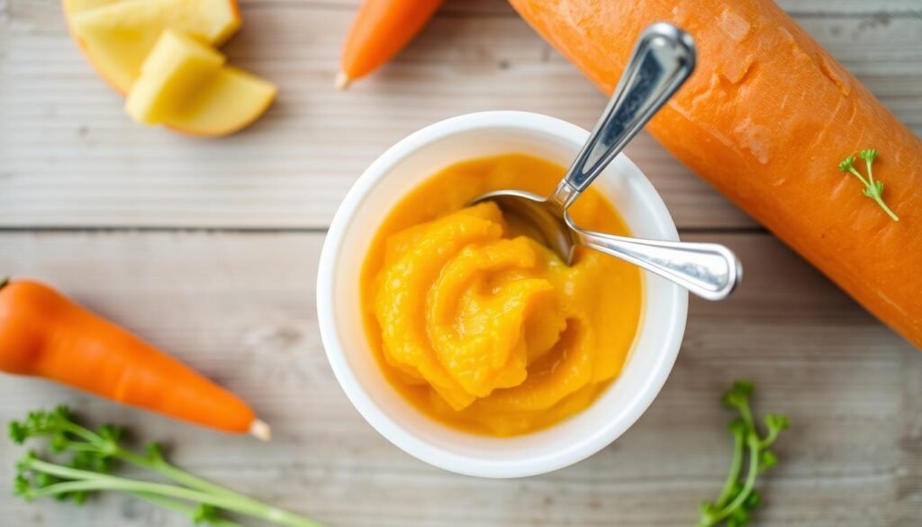 Kolorowe puree warzywne z dodatkiem jajka dla niemowlaka Kolorowe puree warzywne z dodatkiem jajka dla niemowlaka