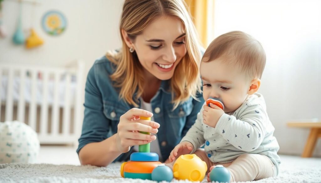 Mama z dzieckiem w wieku około 6 miesięcy podczas odstawiania smoczka Mama z dzieckiem w wieku około 6 miesięcy podczas odstawiania smoczka