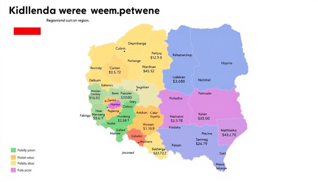 Mapa Polski z zaznaczonymi stawkami opiekunek w różnych regionach - ile zarabia opiekunka do dziecka Mapa Polski z zaznaczonymi stawkami opiekunek w różnych regionach - ile zarabia opiekunka do dziecka