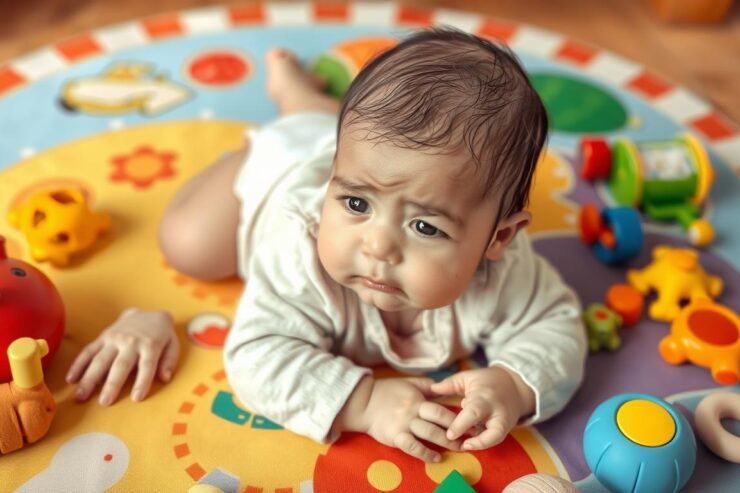 Niemowlę leży na macie edukacyjnej i bada otoczenie