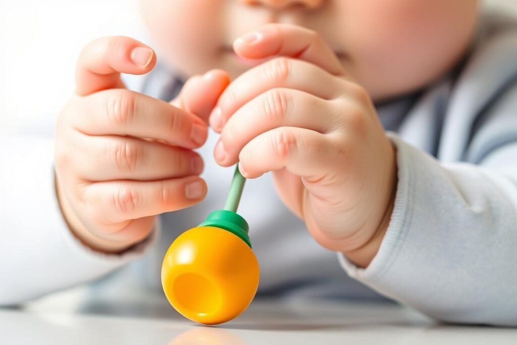 Niemowlę podczas 5 skoku rozwojowego chwyta zabawkę używając chwytu pęsetkowego Niemowlę podczas 5 skoku rozwojowego chwyta zabawkę używając chwytu pęsetkowego