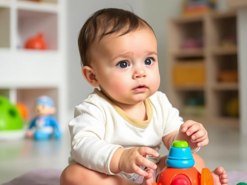 Niemowlę podczas 5 skoku rozwojowego samodzielnie siada i bawi się zabawkami Niemowlę podczas 5 skoku rozwojowego samodzielnie siada i bawi się zabawkami