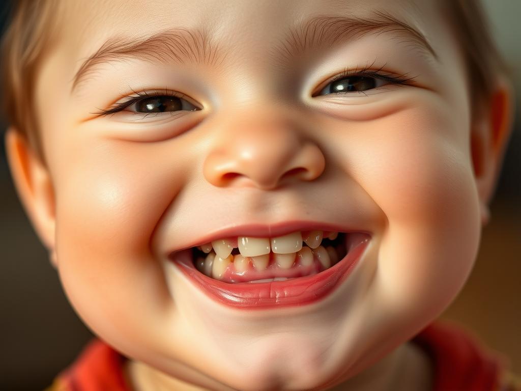 Roczne dziecko z widocznymi zębami mlecznymi - ile zębów ma roczne dziecko