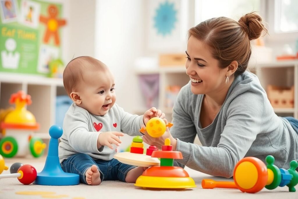 Rodzic bawi się z niemowlęciem podczas 5 skoku rozwojowego, stymulując jego rozwój Rodzic bawi się z niemowlęciem podczas 5 skoku rozwojowego, stymulując jego rozwój