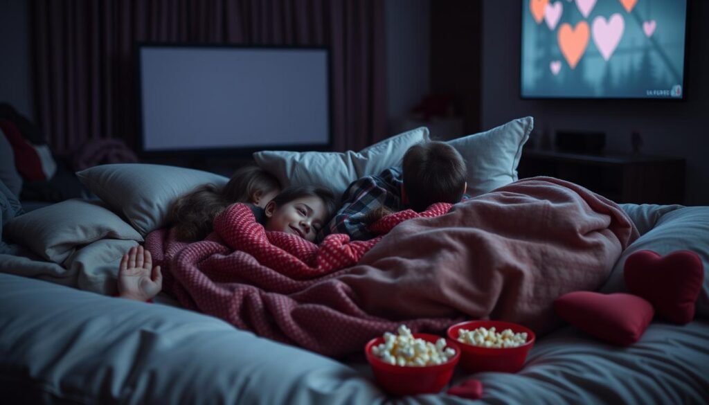 Rodzina oglądająca film w przytulnym gniazdku z poduszek i koców Rodzina oglądająca film w przytulnym gniazdku z poduszek i koców