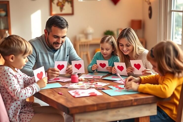 Rodzina tworząca walentynkowe kartki z kolorowego papieru i naklejek