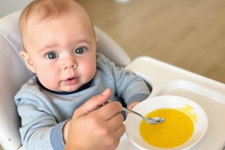 Siedmiomiesięczne dziecko próbujące jajko po raz pierwszy