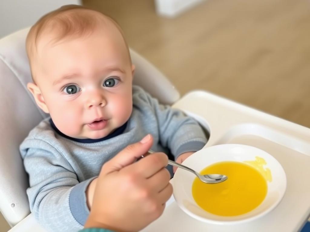 Siedmiomiesięczne dziecko próbujące jajko po raz pierwszy