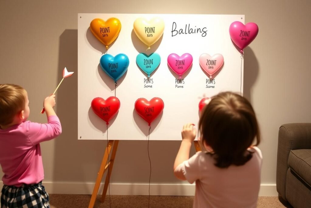 Tablica z balonami w kształcie serca i dzieci rzucające bezpiecznymi rzutkami Tablica z balonami w kształcie serca i dzieci rzucające bezpiecznymi rzutkami