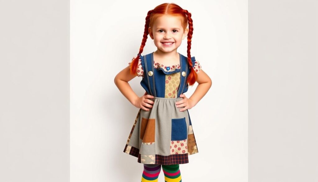 Dziecko w kompletnym stroju Pipi Pończoszanki, uśmiechnięte i szczęśliwe