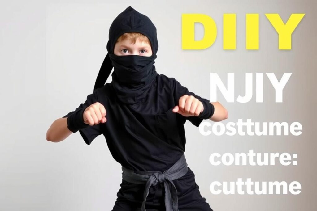 Dziecko w kompletnym stroju ninja z akcesoriami