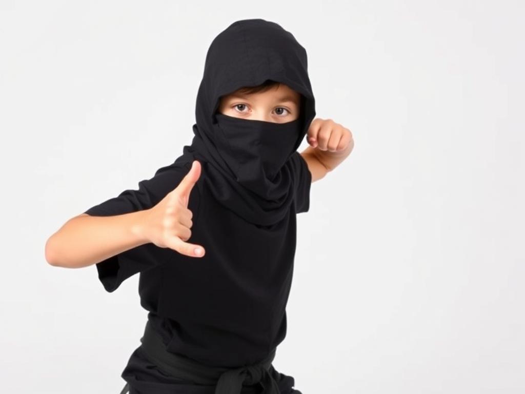 Dziecko w samodzielnie wykonanym stroju ninja w pozycji ninja
