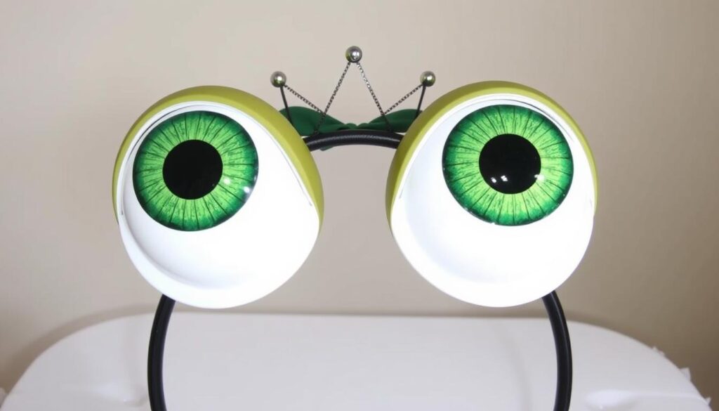 Gotowa opaska z oczami żaby, pokazująca szeroki rozstaw oczu charakterystyczny dla żaby