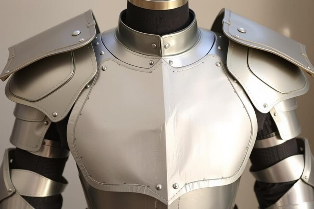Gotowa zbroja rycerska z kartonu pomalowana na srebrno, z widocznymi naramiennikami i napierśnikiem