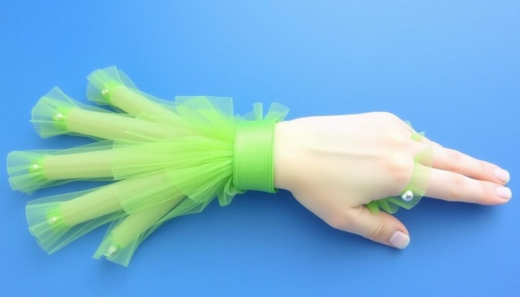 Gotowe łapki żaby na ręce z widocznymi trzema 'palcami' i koralikami jako ozdobą