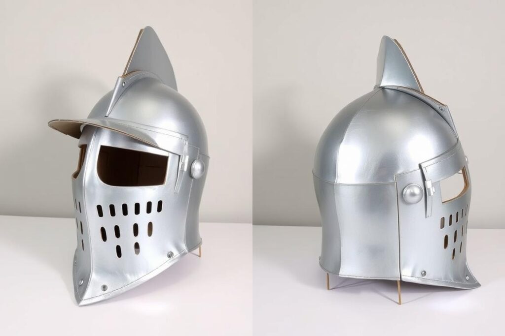 Gotowy hełm rycerski z kartonu z detalami takimi jak wizjer i grzebień, pomalowany na srebrno