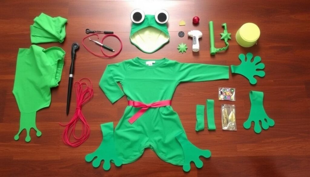 Gotowy strój żaby prezentowany w całości - opaska z oczami, zielony kostium i łapki