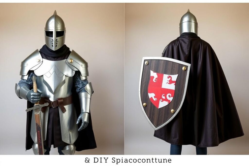 Kompletny strój rycerza z kartonu i tkanin, prezentowany na osobie, widoczne wszystkie elementy: zbroja, hełm, miecz, tarcza i peleryna