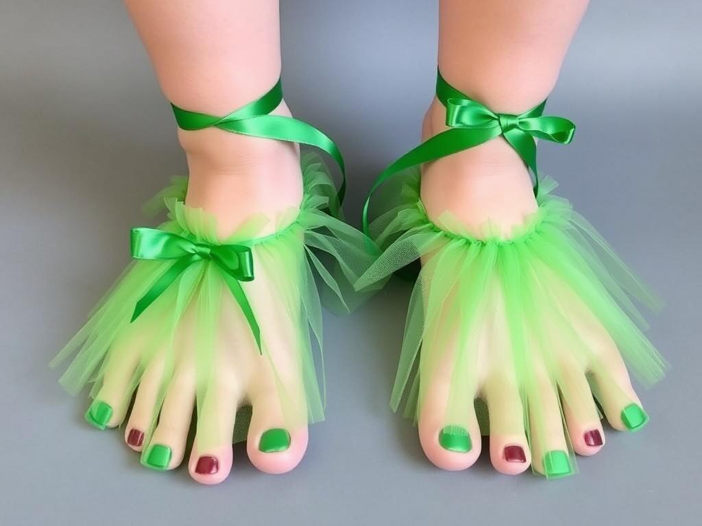 Łapki żaby na nogi z widocznym sposobem mocowania za pomocą wstążki i gumki