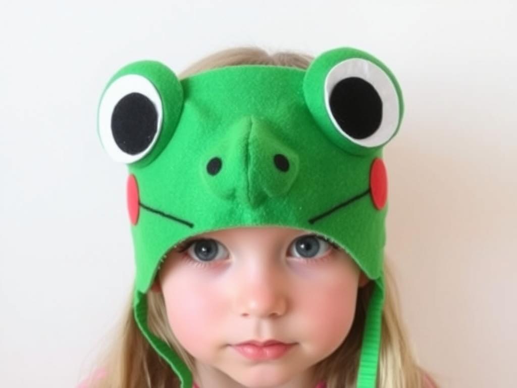 Maska żaby wykonana z zielonego filcu jako alternatywa dla opaski z oczami