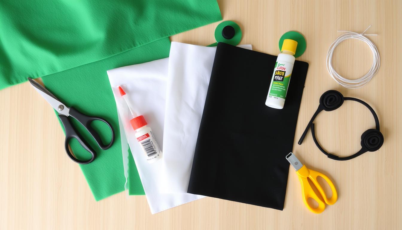 Materiały potrzebne do wykonania stroju żaby rozłożone na stole, w tym filc w kolorze zielonym, białym i czarnym, nożyczki, klej, drucik florystyczny i opaska