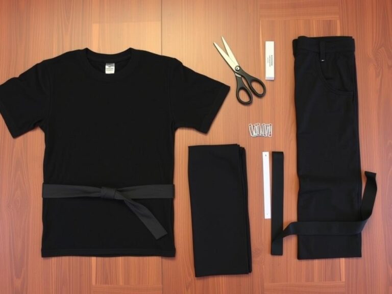 Materiały potrzebne do zrobienia stroju ninja rozłożone na stole