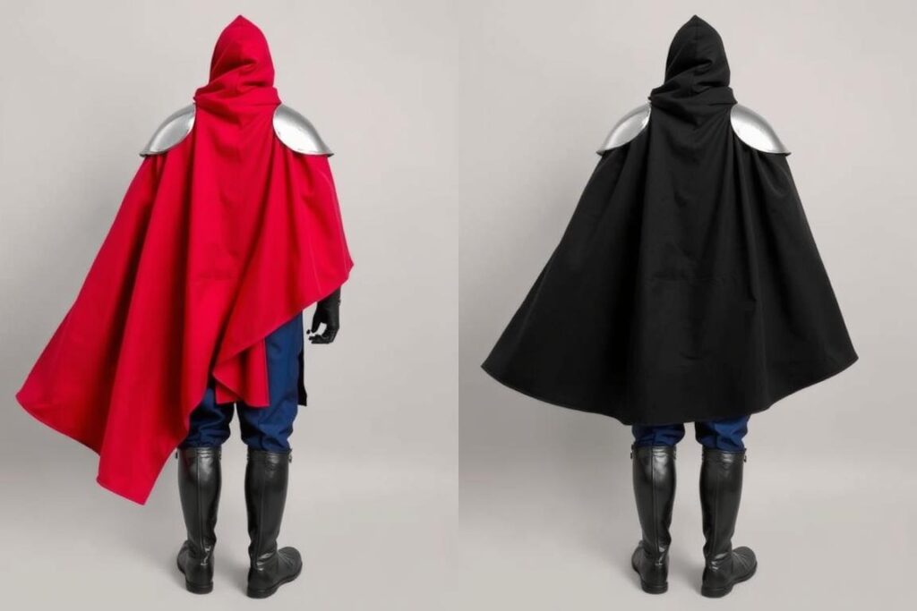 Peleryna rycerska wykonana z tkaniny, przymocowana do ramion stroju rycerza