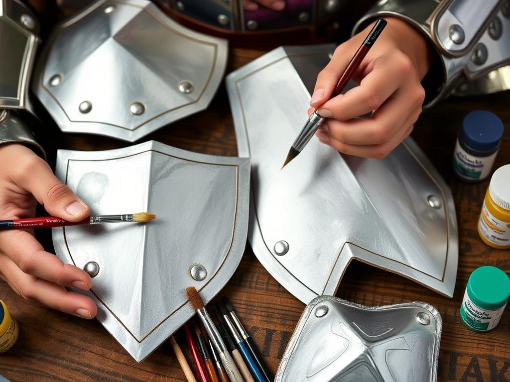 Proces malowania elementów stroju rycerza farbami akrylowymi, pokazujący techniki uzyskiwania metalicznego efektu