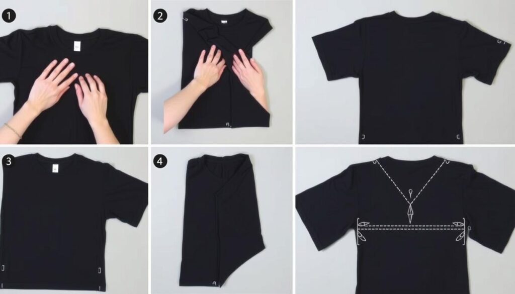 Proces przerabiania czarnej koszulki na tunikę ninja