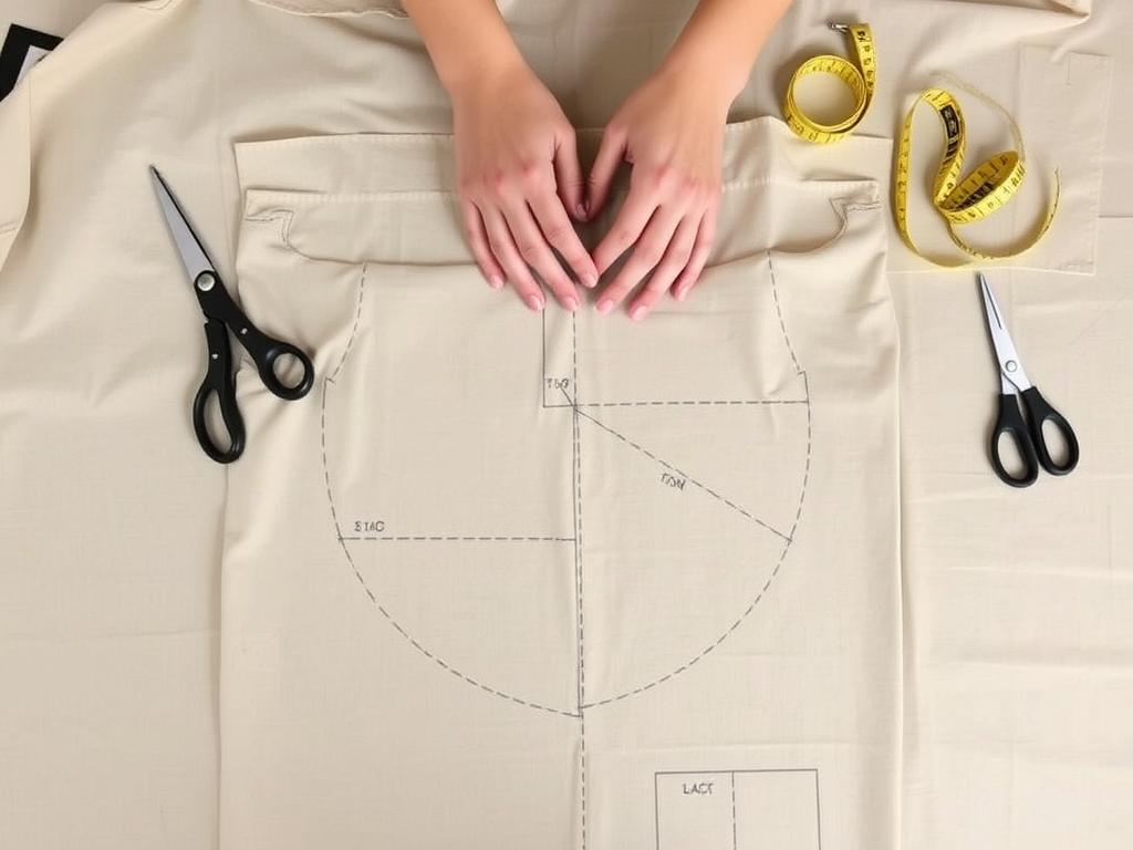 Proces szycia tuniki rycerskiej z tkaniny, pokazujący składanie materiału i zaznaczanie kształtu