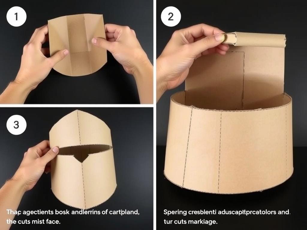 Proces tworzenia hełmu rycerskiego z kartonu, pokazujący podstawową konstrukcję i otwór na twarz