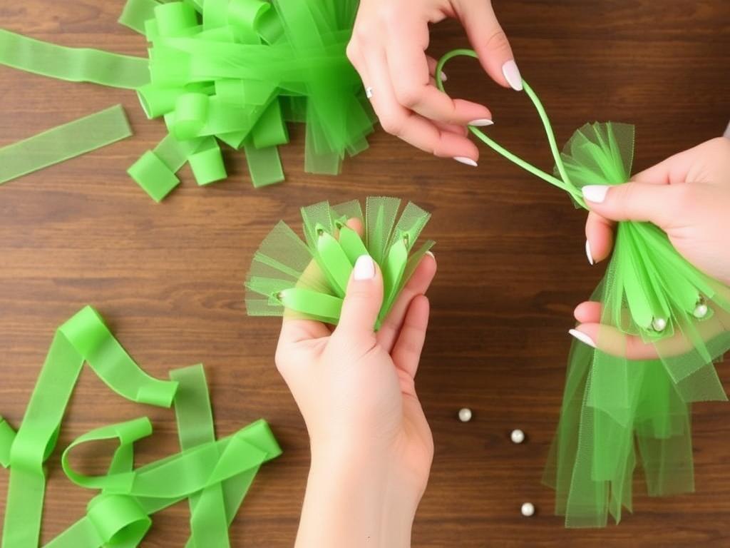 Proces tworzenia łapek żaby z zielonego tiulu - składanie i mocowanie na gumce