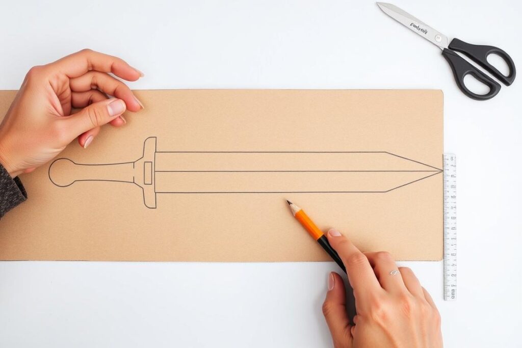 Proces tworzenia miecza rycerskiego z kartonu, pokazujący wycinanie kształtu ostrza