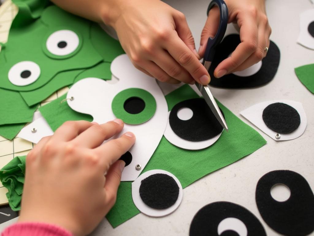 Proces tworzenia oczu żaby na opasce - wycinanie elementów z filcu według szablonu