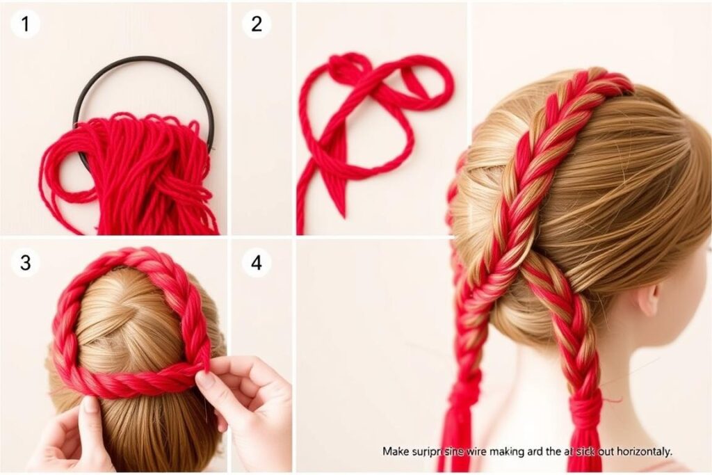 Proces tworzenia warkoczy Pipi z czerwonej włóczki