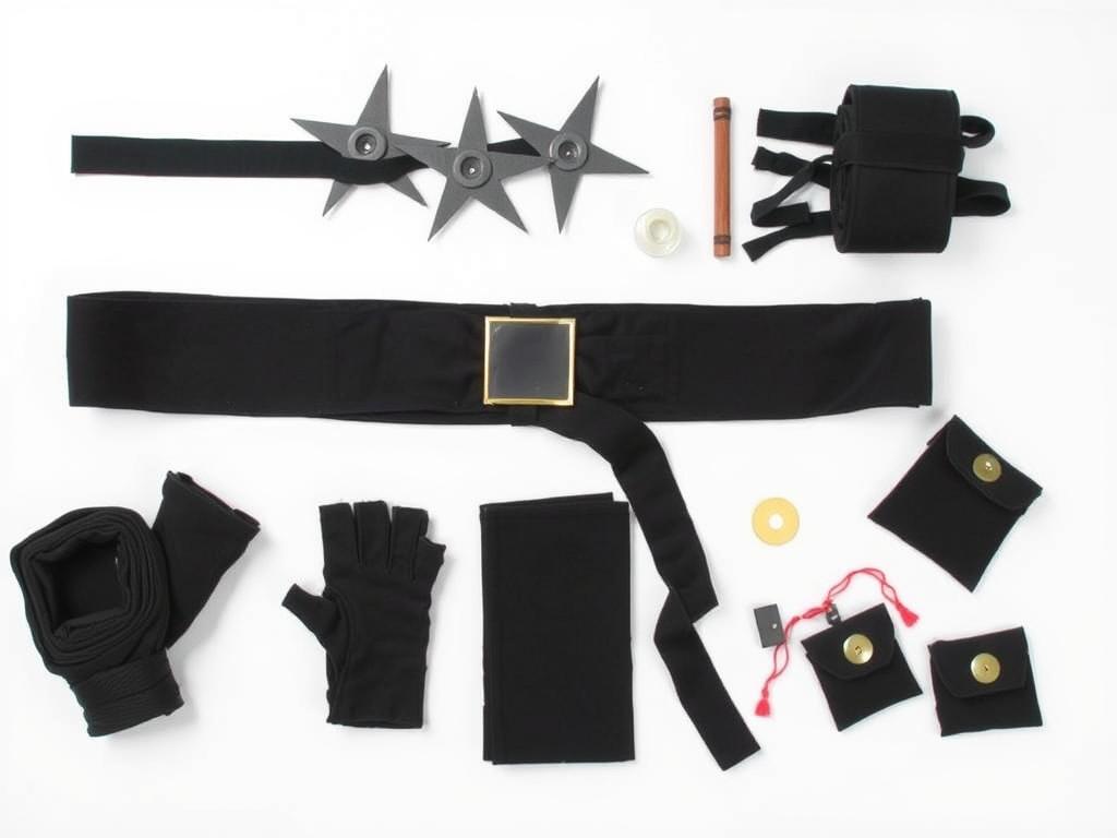 Różne akcesoria do stroju ninja: pas, opaski, rękawice