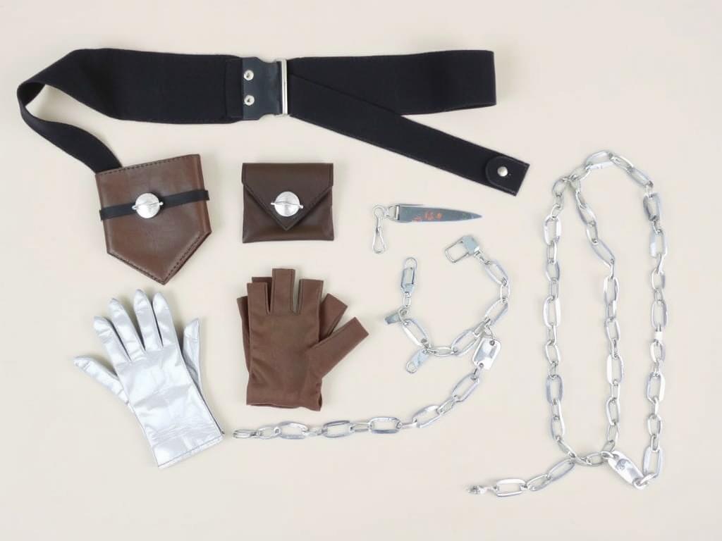 Różne akcesoria do stroju rycerza: pas, sakiewka, rękawice i łańcuch