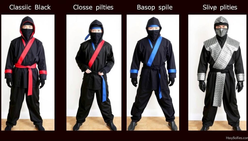 Różne wersje spersonalizowanych strojów ninja w różnych kolorach i z różnymi dodatkami