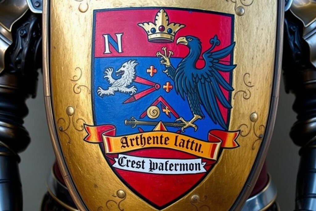 Tarcza rycerska z namalowanym herbem i mottem, pokazująca tradycyjne elementy heraldyczne